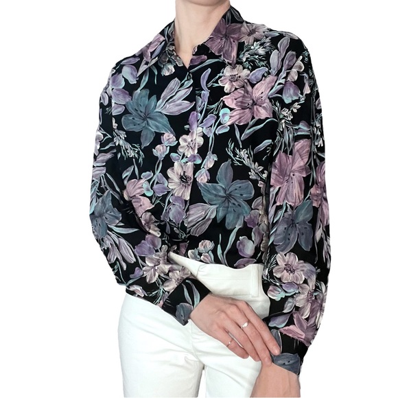 ⚡️SOLD⚡️VINTAGE 80s Jeremy Scott Braemar Black Floral Print Button Up Shirt - Picture 2 of 8